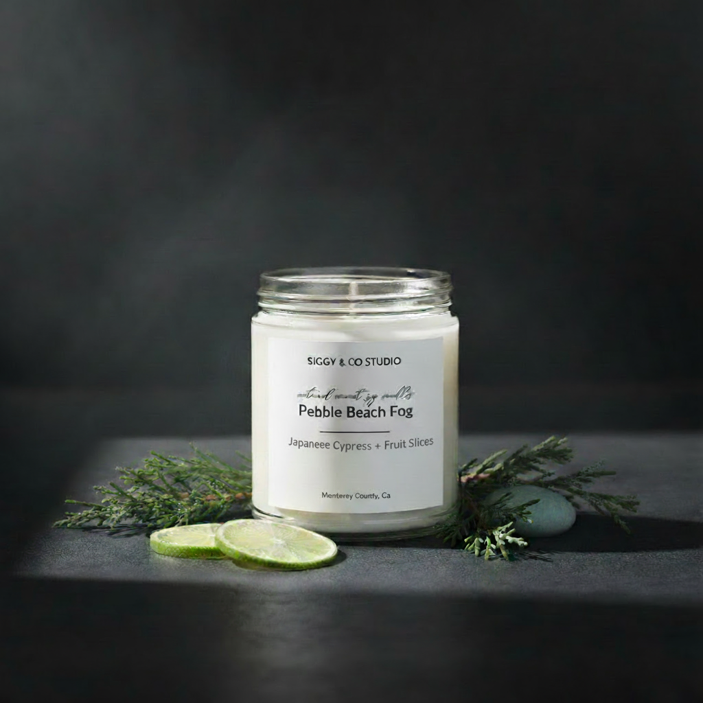 Pebble Beach Fog candle without Fragrance Notes label