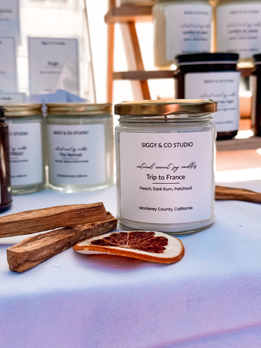 Trip to France-Peach, Dark Rum and Pachouli Coconut- soy Scented Candle